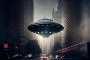 generatief ai illustratie van ufo vliegend in de lucht van stad foto