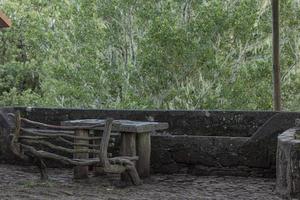 houten bank en een steen tafel in een park omringd door bomen en weelderig gebladerte foto