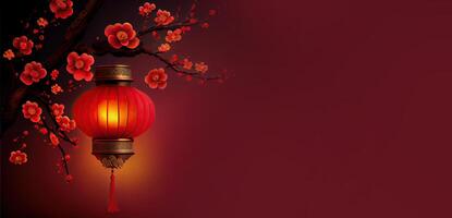 generatief ai illustratie van Chinese traditioneel rood festival achtergrond met een Chinese rood Pruim bloesem, lantaarn, voorjaar festival, nieuw jaar, Chinese traditioneel cultuur element foto
