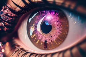 generatief ai illustratie van macro fotografie schot van realistisch vrouw ogen met roze iris dat looks Leuk vinden een Romeins cijfer analoog klok, tijd in ogen, opalescentie en glimmend, verbrijzeld glas Kristallen foto