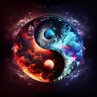 generatief ai illustratie van een mythisch yin yang magie ontwerp gemaakt van carnaval glas, fantasie lucht achtergrond, meesters van de duisternis, fantasie episch atmosfeer foto