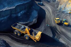 generatief ai illustratie van een antenne panorama van een antraciet steenkool de mijne, presentatie van een groot geel mijnbouw vrachtauto verzamelen rotsen in een Open pit de mijne foto