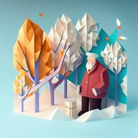 generatief ai illustratie van origami winter achtergrond, blij ouderen, kleurrijk. papier besnoeiing ambacht, 3d papier illustratie stijl. neurale netwerk gegenereerd kunst. foto