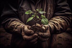 generatief ai illustratie van tuinman Holding een spruit van een jong groente voordat aanplant het in gezond bodem foto