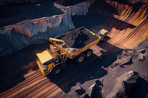 generatief ai illustratie van een antenne panorama van een antraciet steenkool de mijne, presentatie van een groot geel mijnbouw vrachtauto verzamelen rotsen in een Open pit de mijne foto