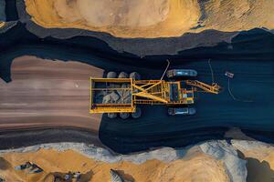 generatief ai illustratie van een antenne panorama van een antraciet steenkool de mijne, presentatie van een groot geel mijnbouw vrachtauto verzamelen rotsen in een Open pit de mijne foto