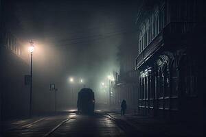 generatief ai illustratie van donker somber leeg straat met rook, smog foto