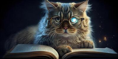 generatief ai illustratie van intelligent echt kat in bril lezing een boek, volumn licht foto