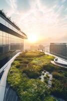 generatief ai illustratie van prachtig tuin Aan de op het dak van een hedendaags glas kantoor gebouw in Azië foto