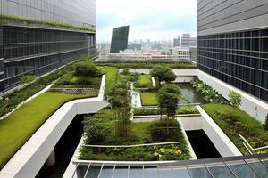 generatief ai illustratie van prachtig tuin Aan de op het dak van een hedendaags glas kantoor gebouw in Azië foto