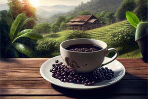 generatief ai illustratie van kop van koffie en koffie bonen Aan oud houten tafel en de plantages thee heuvel achtergrond foto