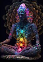 generatief ai illustratie van hoger, yoga kom tot rust kilte uit dmt visioenen geest. 7 gekleurde chakra's meditatie dmt hallucinaties. multiversum verbonden door een nerveus systeem - trippy psychedelisch foto