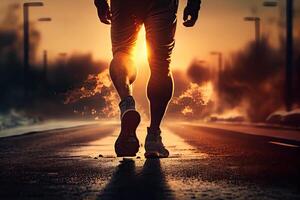 generatief ai illustratie van een atletisch Mens wandelen Aan een uitgestorven weg in de zonsondergang. de beeld is gefocust Aan de man's been, welke benadrukt zijn fysiek geschiktheid en bepaling foto