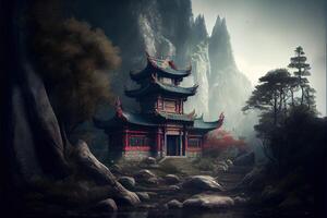 generatief ai illustratie van fantasie achtergrond met mysterieus oude Chinese tempel in bergen. digitaal kunstwerk. Chinese stijl. gaming en kunst concept. foto