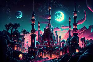 generatief ai illustratie van fee - verhaal Arabisch nacht stad met torens en mosselen. nacht neon oosters stad. fantasie stedelijk Arabisch landschap foto