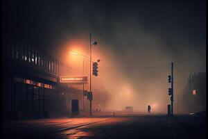 generatief ai illustratie van donker somber leeg straat met rook, smog foto