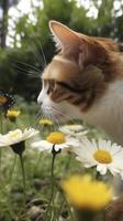 een speels kat achtervolgen een vlinder in de omgeving van een tuin vol van bloemen, genereren ai foto