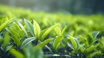 detailopname groen bladeren met vervagen groen pagina in natuur, genereren ai foto