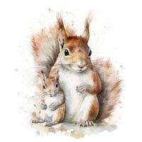vrij eekhoorn moeder met eekhoorn kind water kleur, pastel ,wit achtergrond , genereren ai foto