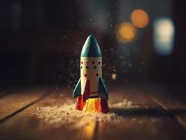 speelgoed- raket lancering Aan helder achtergrond, genereren ai foto