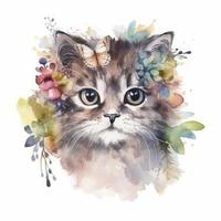 kat met bloemen Aan hoofd, waterverf en pastel kleuren, genereren ai foto