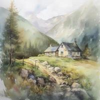 huisje in bergen, water kleur, pastel kleur met wit achtergrond, genereren ai foto