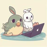 schattig konijn met eend werken Aan laptop tekenfilm illustratie, kawaii stijl, genereren ai foto