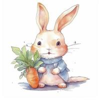 gemakkelijk kawaii schattig mooi konijn, wortel, blad van onderdelen, waterverf, wit achtergrond, genereren ai foto