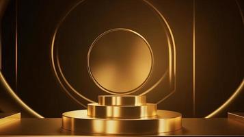 gouden podium met ronde kader Aan zwart achtergrond. prijs ceremonie concept. 3d renderen foto