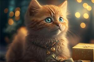 een gember katje met turkoois ogen leugens De volgende naar een gouden geschenk en een gescheurd boog. feestelijk illustratie met een wazig achtergrond en bokeh. ai gegenereerd. foto