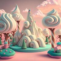 zoet land- 3d tekenfilm achtergrond.bergen en bomen van marshmallow.candyland. ai gegenereerd. foto