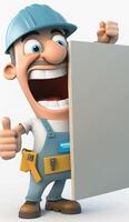 tekenfilm 3d illustratie van een arbeider met een gelukkig uitdrukking Holding een bord generatief ai foto