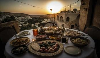 Ramadan iftar voedsel, iftar maaltijden en bijeenkomsten, Ramadan iftar eid. moslim familie heeft avondeten Bij huis. tafel met traditioneel voedsel. eid al-fitr feesten, genereren ai foto