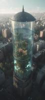 antenne visie van een reusachtig vis tank vormig Leuk vinden een toren in de midden- van nieuw york stad, genereren ai foto