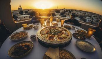 Ramadan iftar voedsel, iftar maaltijden en bijeenkomsten, Ramadan iftar eid. moslim familie heeft avondeten Bij huis. tafel met traditioneel voedsel. eid al-fitr feesten, genereren ai foto