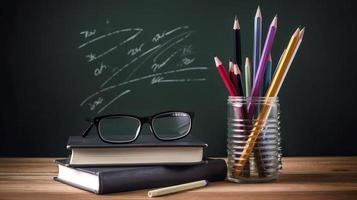 vrij foto stack van boeken met potlood houder en bril tegen een schoolbord