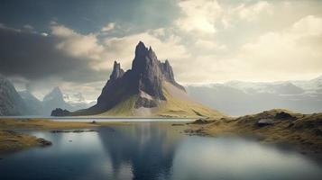 fantasie rots berg meer en rivier- in concept norse mythologie, genereren ai foto