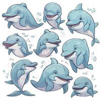 getrokken tekenfilm schattig grappig dolfijn wit achtergrond, minimalisme, genereren ai foto