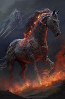 een paard gemaakt van brand Aan een donker achtergrond, genereren ai foto