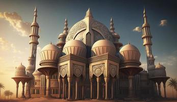 illustratie van verbazingwekkend architectuur ontwerp van moslim moskee Ramadan kareem, Islamitisch architectuur achtergrond Ramadan kareem, Islamitisch moskee, ramdan, ramzan, eid, cultuur, arabisch, genereren ai foto