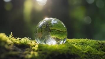 foto zonlicht met aarde gebied kristal of duurzame wereldbol glas Aan groen mos natuur achtergrond in ecologie milieu Woud concept van boom behoud milieu planeet ecologisch, genereren ai