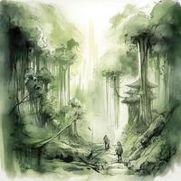 oude Chinese mythologie, beesten,, vol lichaam, bamboe Woud, groente, een mooi schilderij van Chinese shanshui stijl, Chinese inkt stijl, groen atmosfeer, genereren ai foto