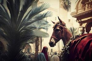 Palmzondag Aan de gelegenheid van Jezus' binnenkomst in Jeruzalem gegenereerd ai foto
