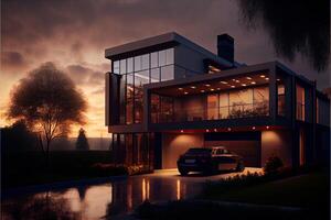 avond visie van een luxueus modern huis gegenereerd ai foto