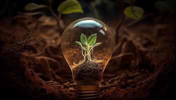 groen energie en een helder toekomst een licht lamp in bodem gegenereerd ai foto