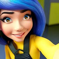mooi tekenfilm glimlachen meisje met blauw haar- nemen een selfie. generatief ai foto