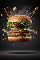 realistisch vliegend heet hamburger geïsoleerd Aan zwart verticaal achtergrond. generatief ai foto