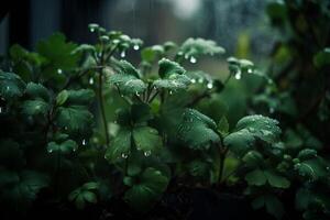 de regen valt Aan de planten. ai gegenereerd foto