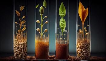 fabriek zaden in test buizen voor genetica Onderzoek. laboratorium analyse van agrarisch grondstoffen gegenereerd ai foto