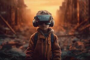 portret van een jongen in een virtueel realiteit helm. de concept van virtueel realiteit. generatief ai foto
